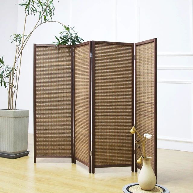Main image of 4 Panel Short Room Divider Screen,Brown Freestanding Partition,Small Bamboo Panel Divider for Room Seperation,3.95 FT Tall