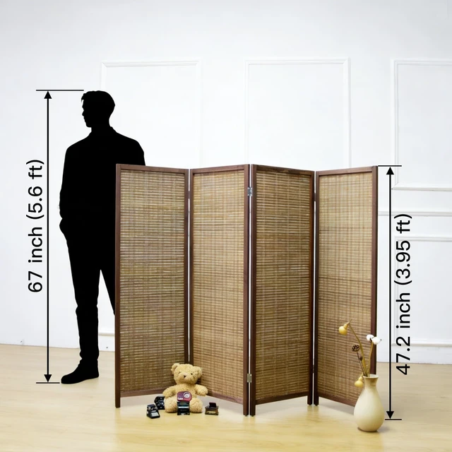 Alt view image 2 of 5 - 4 Panel Short Room Divider Screen,Brown Freestanding Partition,Small Bamboo Panel Divider for Room Seperation,3.95 FT Tall