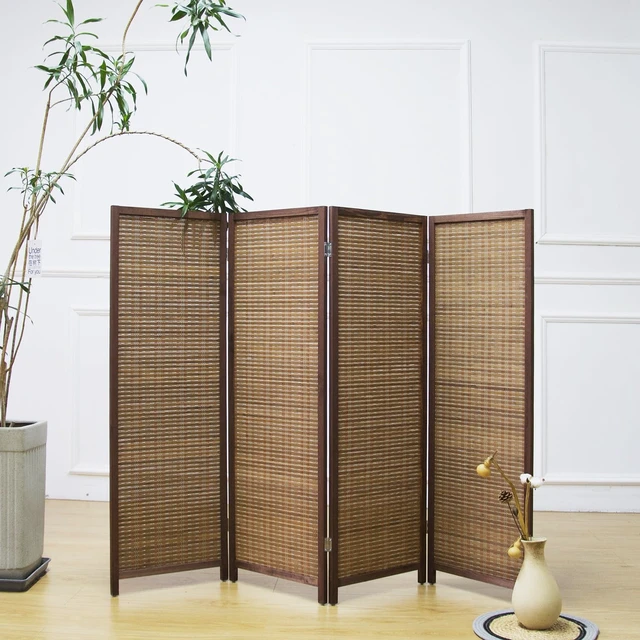 Alt view image 3 of 5 - 4 Panel Short Room Divider Screen,Brown Freestanding Partition,Small Bamboo Panel Divider for Room Seperation,3.95 FT Tall