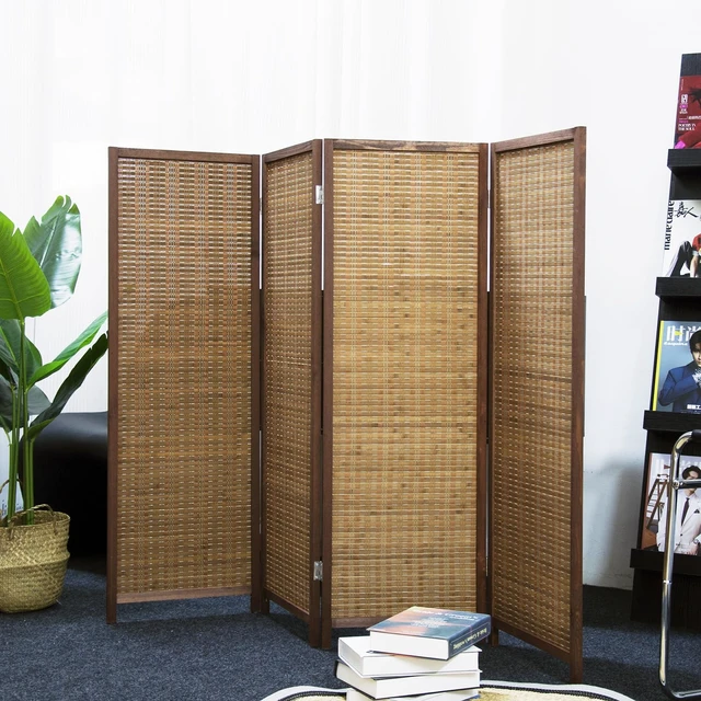 Alt view image 5 of 5 - 4 Panel Short Room Divider Screen,Brown Freestanding Partition,Small Bamboo Panel Divider for Room Seperation,3.95 FT Tall