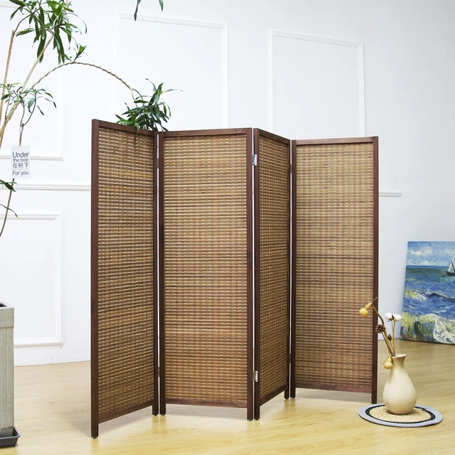 Alt view image 4 of 5 - 4 Panel Short Room Divider Screen,Brown Freestanding Partition,Small Bamboo Panel Divider for Room Seperation,3.95 FT Tall