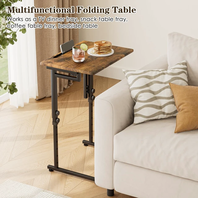 Alt view image 5 of 7 - Adjustable Folding TV Tray Table,TV Dinner Small Foldable C-Shaped End Table for Eating,6 Height Adjustable Slide Under Couch Side with Sturdy MDF Top,No Assembly(Brown,2Pcs)