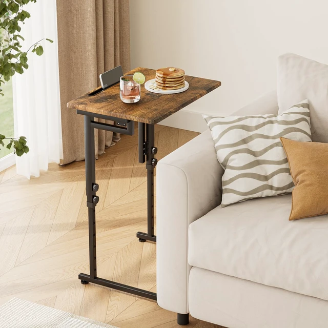 Alt view image 2 of 7 - Adjustable Folding TV Tray Table,TV Dinner Small Foldable C-Shaped End Table for Eating,6 Height Adjustable Slide Under Couch Side with Sturdy MDF Top,No Assembly(Brown,2Pcs)