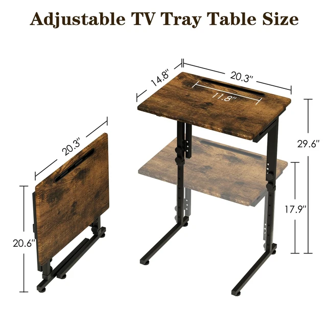 Alt view image 3 of 7 - Adjustable Folding TV Tray Table,TV Dinner Small Foldable C-Shaped End Table for Eating,6 Height Adjustable Slide Under Couch Side with Sturdy MDF Top,No Assembly(Brown,2Pcs)