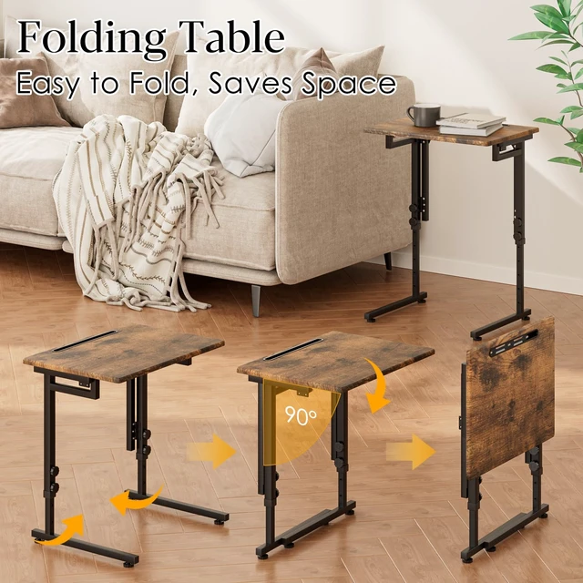 Alt view image 4 of 7 - Adjustable Folding TV Tray Table,TV Dinner Small Foldable C-Shaped End Table for Eating,6 Height Adjustable Slide Under Couch Side with Sturdy MDF Top,No Assembly(Brown,2Pcs)