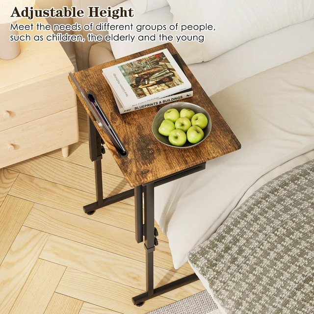 Alt view image 7 of 7 - Adjustable Folding TV Tray Table,TV Dinner Small Foldable C-Shaped End Table for Eating,6 Height Adjustable Slide Under Couch Side with Sturdy MDF Top,No Assembly(Brown,2Pcs)