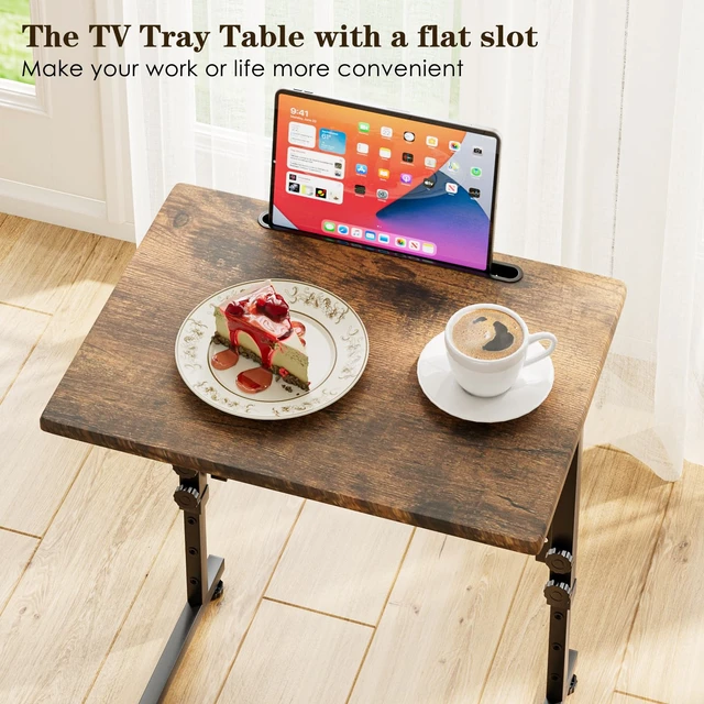 Alt view image 6 of 7 - Adjustable Folding TV Tray Table,TV Dinner Small Foldable C-Shaped End Table for Eating,6 Height Adjustable Slide Under Couch Side with Sturdy MDF Top,No Assembly(Brown,2Pcs)