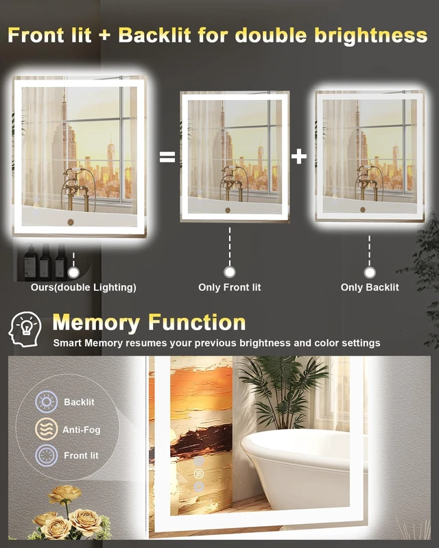 Alt view image 3 of 7 - 24 x 30 LED Bathroom Mirror with Lights, ETL Listed, Front Lit & Backlit | Anti-Fog, 3 Color Dimmable, Memory Function, HD Reflection Tempered Glass, IP54 Waterproof, Dimmable Smart Vanity Mirror