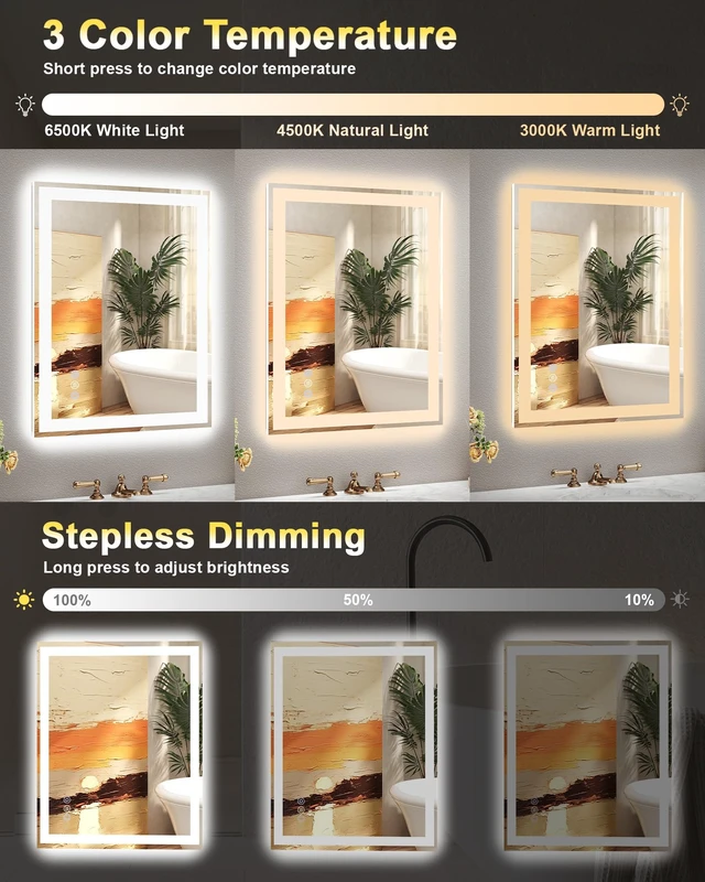 Alt view image 2 of 7 - 24 x 30 LED Bathroom Mirror with Lights, ETL Listed, Front Lit & Backlit | Anti-Fog, 3 Color Dimmable, Memory Function, HD Reflection Tempered Glass, IP54 Waterproof, Dimmable Smart Vanity Mirror