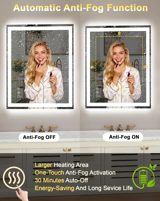 Alt view image 4 of 7 - 24 x 30 LED Bathroom Mirror with Lights, ETL Listed, Front Lit & Backlit | Anti-Fog, 3 Color Dimmable, Memory Function, HD Reflection Tempered Glass, IP54 Waterproof, Dimmable Smart Vanity Mirror