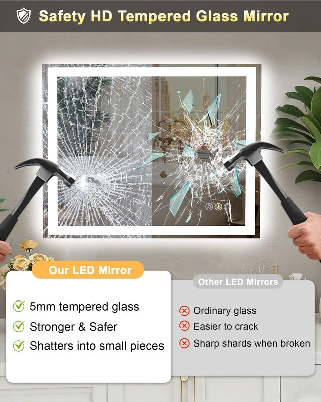 Alt view image 5 of 7 - 24 x 30 LED Bathroom Mirror with Lights, ETL Listed, Front Lit & Backlit | Anti-Fog, 3 Color Dimmable, Memory Function, HD Reflection Tempered Glass, IP54 Waterproof, Dimmable Smart Vanity Mirror