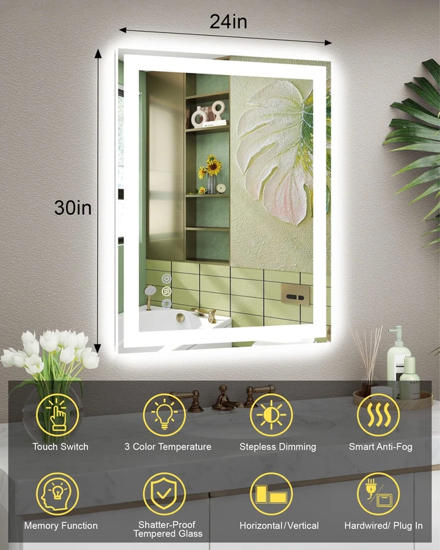 Alt view image 6 of 7 - 24 x 30 LED Bathroom Mirror with Lights, ETL Listed, Front Lit & Backlit | Anti-Fog, 3 Color Dimmable, Memory Function, HD Reflection Tempered Glass, IP54 Waterproof, Dimmable Smart Vanity Mirror