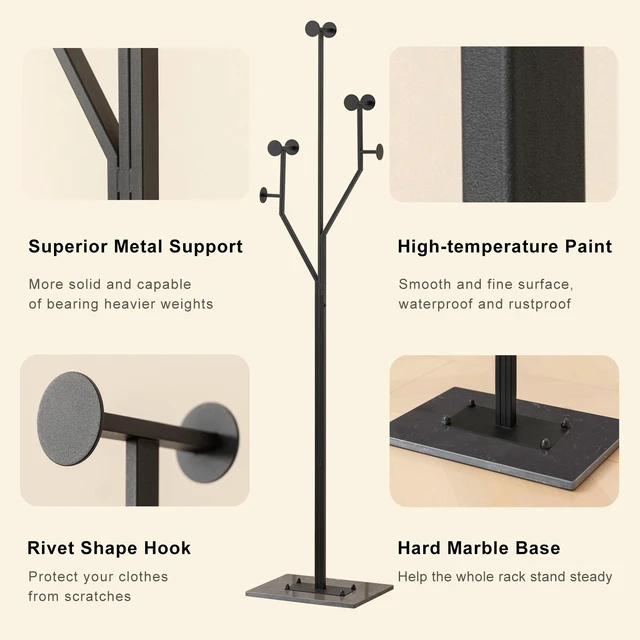 Alt view image 3 of 7 - Freestanding Coat Rack Marble Base Coat tree Heavy Duty(Black) | Tree-shaped Easy Assembly Space Saver Metal Frame 8 Hooks for Entryway Bedroom Living Room Office Corner
