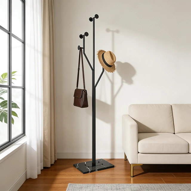 Alt view image 7 of 7 - Freestanding Coat Rack Marble Base Coat tree Heavy Duty(Black) | Tree-shaped Easy Assembly Space Saver Metal Frame 8 Hooks for Entryway Bedroom Living Room Office Corner