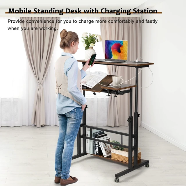 Alt view image 3 of 7 - Mobile Standing Desk Adjustable Height, Rolling Desk Stand Up Desk, Mobile Laptop Desk, Rolling Computer Desk with Charging Station, Portable Desk with Wheels, Rustic Brown