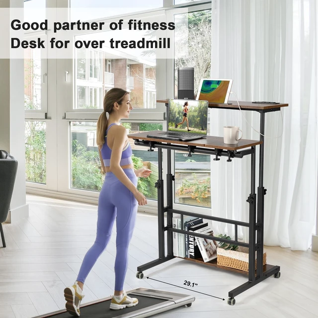 Alt view image 5 of 7 - Mobile Standing Desk Adjustable Height, Rolling Desk Stand Up Desk, Mobile Laptop Desk, Rolling Computer Desk with Charging Station, Portable Desk with Wheels, Rustic Brown