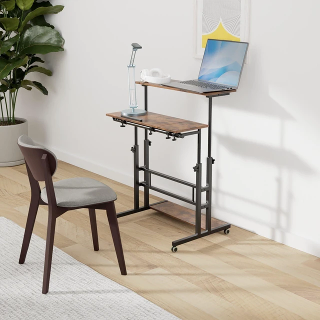 Alt view image 2 of 7 - Mobile Standing Desk Adjustable Height, Rolling Desk Stand Up Desk, Mobile Laptop Desk, Rolling Computer Desk with Charging Station, Portable Desk with Wheels, Rustic Brown
