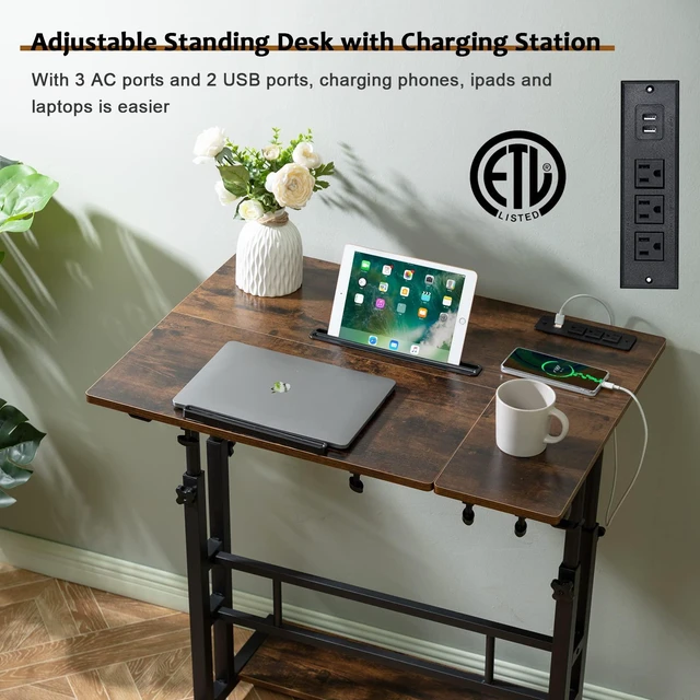 Alt view image 4 of 7 - Mobile Standing Desk Adjustable Height, Rolling Desk Stand Up Desk, Mobile Laptop Desk, Rolling Computer Desk with Charging Station, Portable Desk with Wheels, Rustic Brown