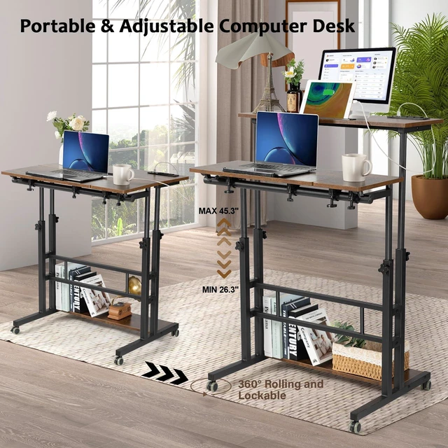 Alt view image 6 of 7 - Mobile Standing Desk Adjustable Height, Rolling Desk Stand Up Desk, Mobile Laptop Desk, Rolling Computer Desk with Charging Station, Portable Desk with Wheels, Rustic Brown