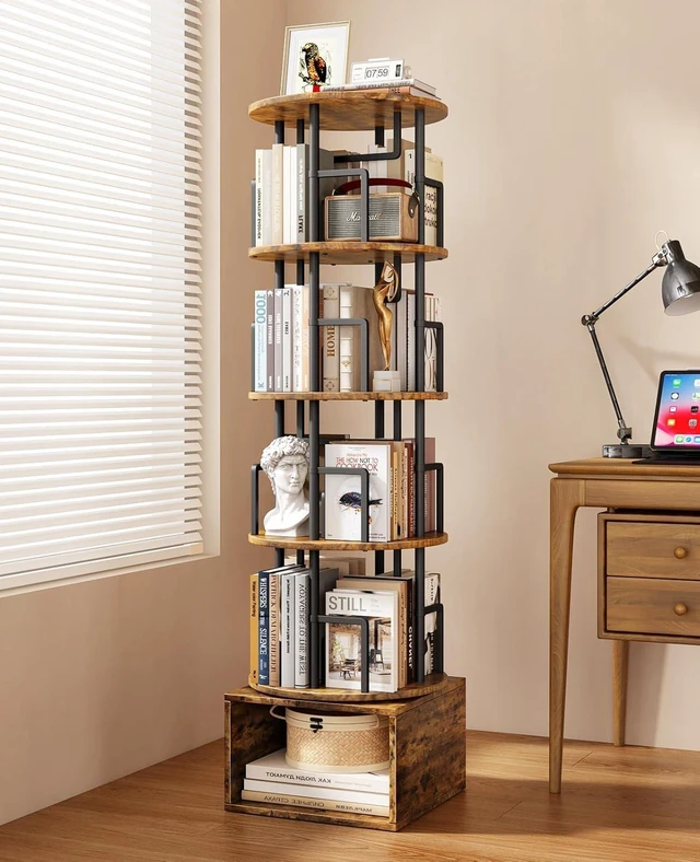 Main image of 5 Tier 360°Rotating Bookshelf with Extra Storage Cabinet, Brown | 5 Tier 360° Rotating Bookshelf,Extra Storage Cabinet,Floor Standing Bookcase,Narrow Book Shelf for Bedroom Living Room