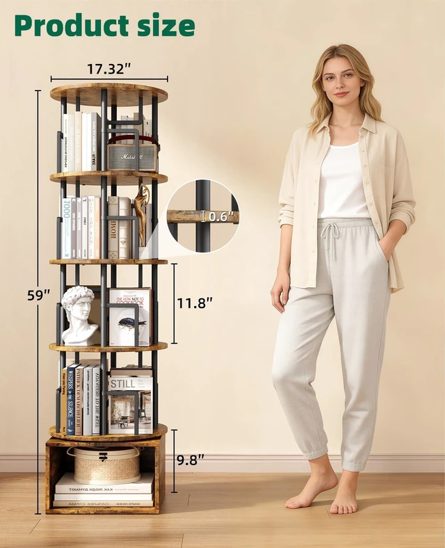 Alt view image 2 of 7 - 5 Tier 360°Rotating Bookshelf with Extra Storage Cabinet, Brown | 5 Tier 360° Rotating Bookshelf,Extra Storage Cabinet,Floor Standing Bookcase,Narrow Book Shelf for Bedroom Living Room