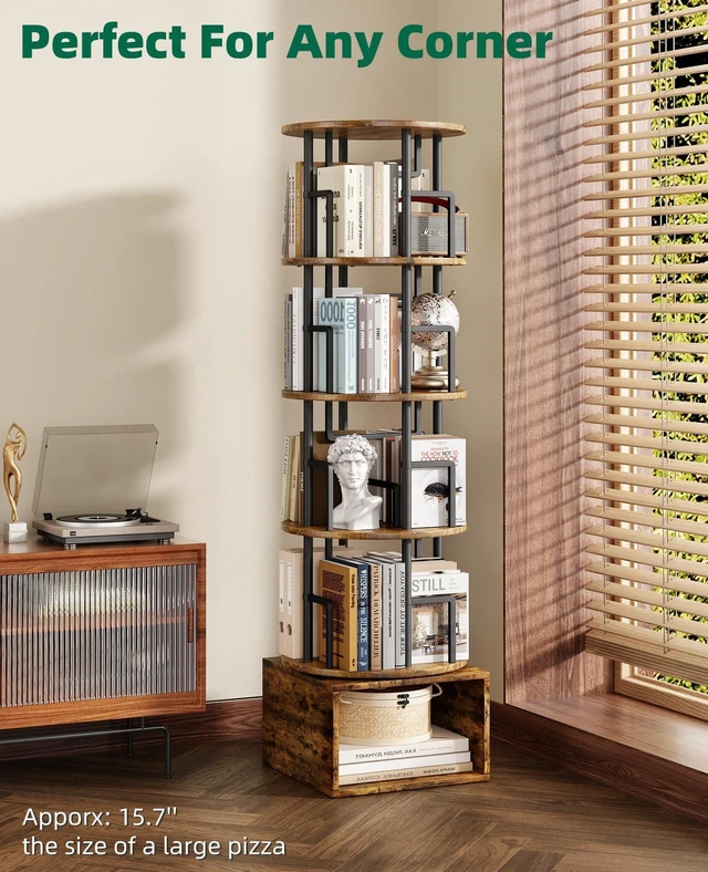 Alt view image 4 of 7 - 5 Tier 360°Rotating Bookshelf with Extra Storage Cabinet, Brown | 5 Tier 360° Rotating Bookshelf,Extra Storage Cabinet,Floor Standing Bookcase,Narrow Book Shelf for Bedroom Living Room