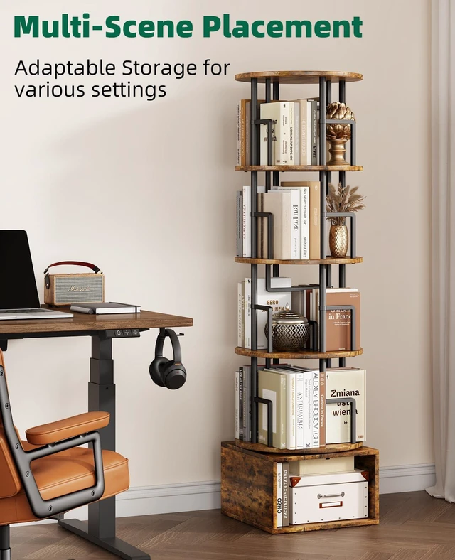 Alt view image 5 of 7 - 5 Tier 360°Rotating Bookshelf with Extra Storage Cabinet, Brown | 5 Tier 360° Rotating Bookshelf,Extra Storage Cabinet,Floor Standing Bookcase,Narrow Book Shelf for Bedroom Living Room