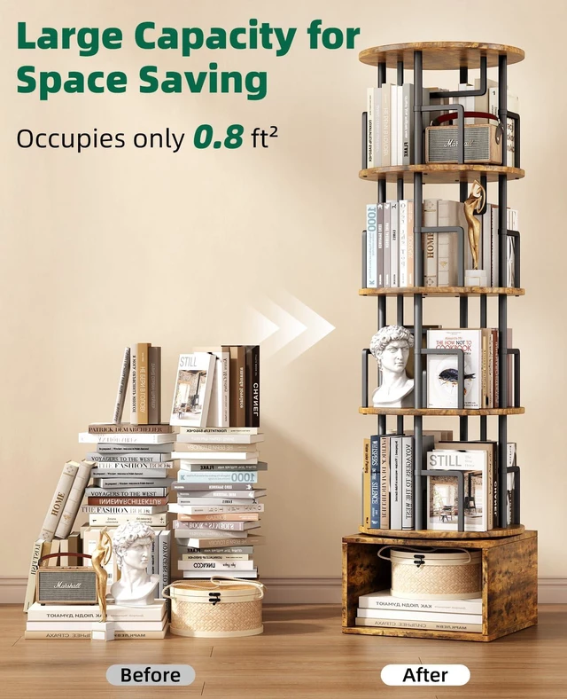 Alt view image 6 of 7 - 5 Tier 360°Rotating Bookshelf with Extra Storage Cabinet, Brown | 5 Tier 360° Rotating Bookshelf,Extra Storage Cabinet,Floor Standing Bookcase,Narrow Book Shelf for Bedroom Living Room