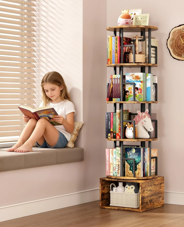 Alt view image 3 of 7 - 5 Tier 360°Rotating Bookshelf with Extra Storage Cabinet, Brown | 5 Tier 360° Rotating Bookshelf,Extra Storage Cabinet,Floor Standing Bookcase,Narrow Book Shelf for Bedroom Living Room