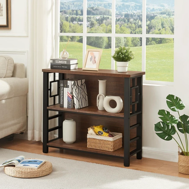 Alt view image 2 of 7 - Book Shelf, 3 Tier Deep Bookshelf with Storage, Engineered Wood and Metal Shelf Bookcase, Low Short Bookcases for Small Space, Living Room, Bedroom, Office, Rustic Brown