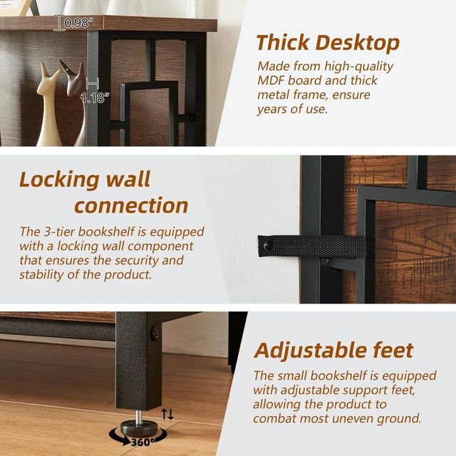Alt view image 4 of 7 - Book Shelf, 3 Tier Deep Bookshelf with Storage, Engineered Wood and Metal Shelf Bookcase, Low Short Bookcases for Small Space, Living Room, Bedroom, Office, Rustic Brown