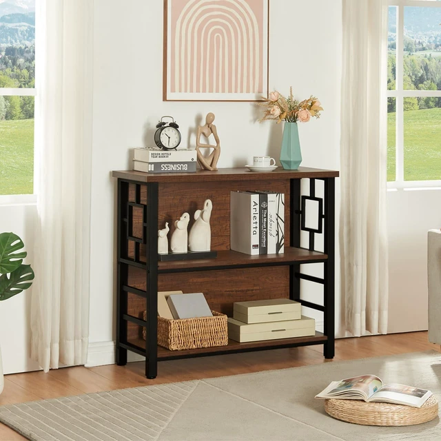 Alt view image 7 of 7 - Book Shelf, 3 Tier Deep Bookshelf with Storage, Engineered Wood and Metal Shelf Bookcase, Low Short Bookcases for Small Space, Living Room, Bedroom, Office, Rustic Brown
