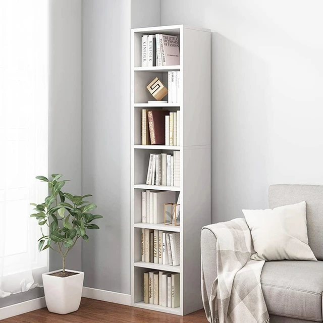 Main image of Small Narrow Corner Bookcase - 59" Tall Gap Storage Cabinet, White | Modern Minimalist Style, MDF Material, Adjustable Shelves, 7 Cubes Open Bookshelf, Floor Tower Rack, Space-Saving Organizer