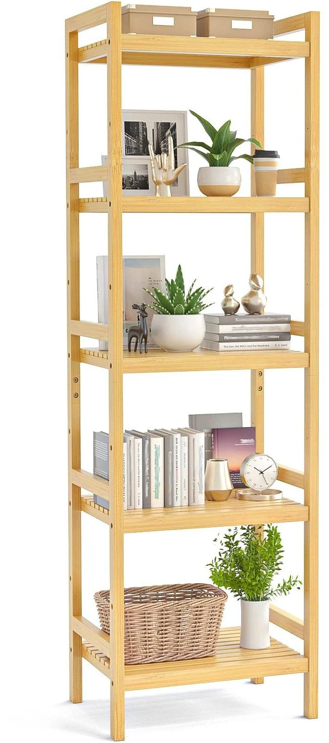 Main image of 5-Tier Bamboo Shelf, 56H Adjustable Narrow Bookshelf and Bookcase | Freestanding Wood Book Shelf, Bathroom Shelves, Plant Stand, Kitchen Rack Organizer, Space Saving, Easy to Assemble