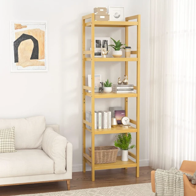 Alt view image 2 of 7 - 5-Tier Bamboo Shelf, 56H Adjustable Narrow Bookshelf and Bookcase | Freestanding Wood Book Shelf, Bathroom Shelves, Plant Stand, Kitchen Rack Organizer, Space Saving, Easy to Assemble