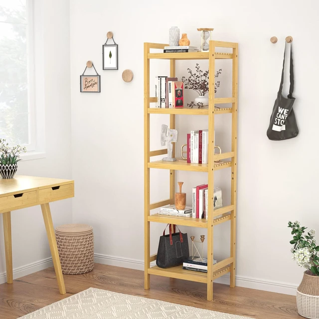 Alt view image 3 of 7 - 5-Tier Bamboo Shelf, 56H Adjustable Narrow Bookshelf and Bookcase | Freestanding Wood Book Shelf, Bathroom Shelves, Plant Stand, Kitchen Rack Organizer, Space Saving, Easy to Assemble