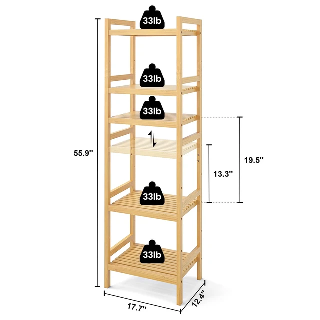 Alt view image 5 of 7 - 5-Tier Bamboo Shelf, 56H Adjustable Narrow Bookshelf and Bookcase | Freestanding Wood Book Shelf, Bathroom Shelves, Plant Stand, Kitchen Rack Organizer, Space Saving, Easy to Assemble