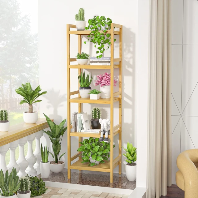 Alt view image 7 of 7 - 5-Tier Bamboo Shelf, 56H Adjustable Narrow Bookshelf and Bookcase | Freestanding Wood Book Shelf, Bathroom Shelves, Plant Stand, Kitchen Rack Organizer, Space Saving, Easy to Assemble