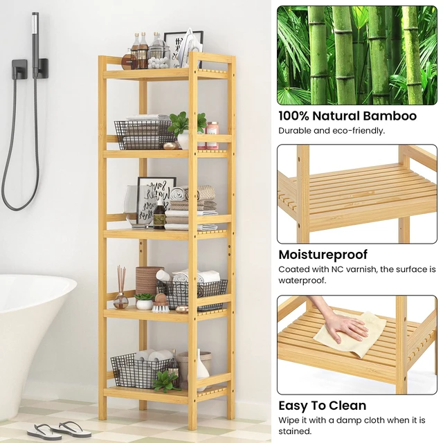 Alt view image 6 of 7 - 5-Tier Bamboo Shelf, 56H Adjustable Narrow Bookshelf and Bookcase | Freestanding Wood Book Shelf, Bathroom Shelves, Plant Stand, Kitchen Rack Organizer, Space Saving, Easy to Assemble
