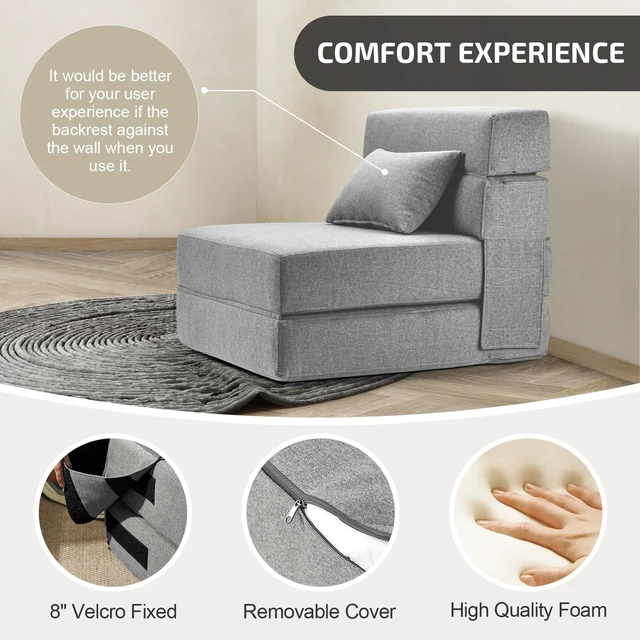 Alt view image 4 of 6 - Folding Sofa Bed, 4 in 1 Foldable Mattress Sleeper Chair | Convertible Boneless Floor Couch, Memory Foam Inner, Chaise Lounger Futon Sofa For Living Room/Dorm/Guest Bed, Single