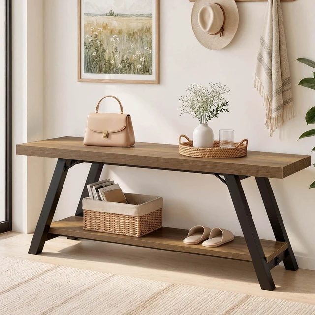 Main image of Entryway Bench with Storage, Wood Bench for Entryway, 47 in | Rustic oak Indoor Entry Way Benches Seat, Wood and Metal Bench for Hallway Living Dining Room and Foyer Entrance