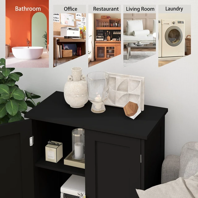 Alt view image 3 of 7 - Black Bathroom Storage Cabinet,Bathroom Cabinets Freestanding | With 2 Doors,Towel Cabinet For Bathrooms,Restroom Cabinets,Small Storage Cabinet For Office,Restaurant,Living Room