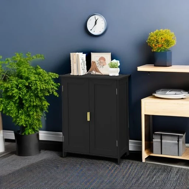 Alt view image 5 of 7 - Black Bathroom Storage Cabinet,Bathroom Cabinets Freestanding | With 2 Doors,Towel Cabinet For Bathrooms,Restroom Cabinets,Small Storage Cabinet For Office,Restaurant,Living Room