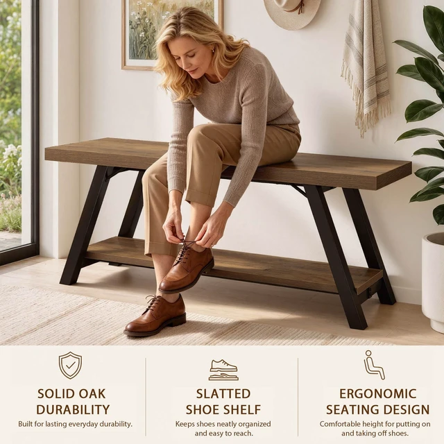 Alt view image 3 of 7 - Entryway Bench with Storage, Wood Bench for Entryway, 47 in | Rustic oak Indoor Entry Way Benches Seat, Wood and Metal Bench for Hallway Living Dining Room and Foyer Entrance