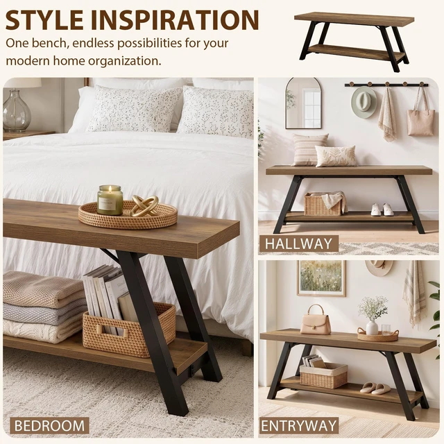 Alt view image 7 of 7 - Entryway Bench with Storage, Wood Bench for Entryway, 47 in | Rustic oak Indoor Entry Way Benches Seat, Wood and Metal Bench for Hallway Living Dining Room and Foyer Entrance