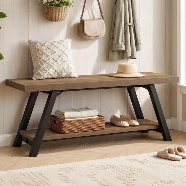 Alt view image 6 of 7 - Entryway Bench with Storage, Wood Bench for Entryway, 47 in | Rustic oak Indoor Entry Way Benches Seat, Wood and Metal Bench for Hallway Living Dining Room and Foyer Entrance