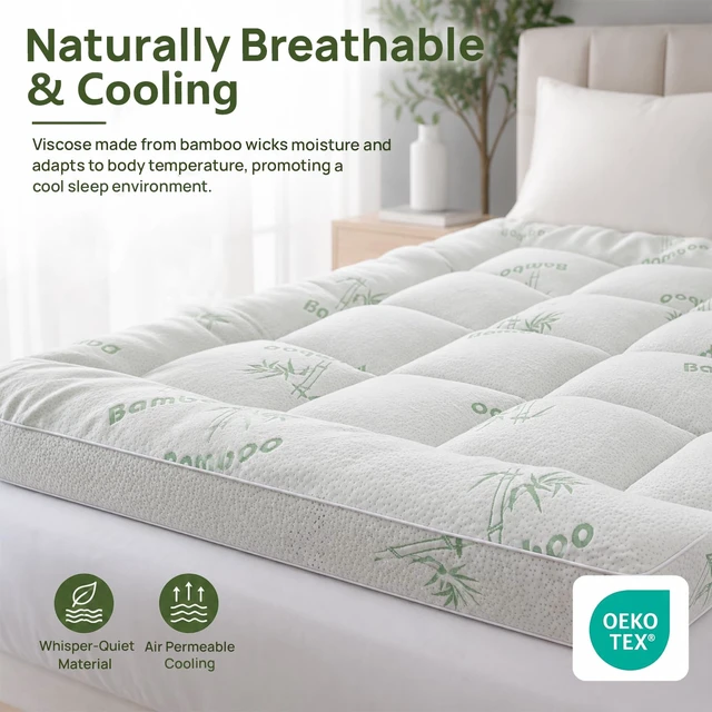 Alt view image 3 of 6 - Queen Mattress Topper, 1200 GSM Viscose Derived from Bamboo Pillow-Top | Extra thick 1200 GSM, cooling bamboo viscose fabric, deep pocket 8-21",soft comfort for hot sleepers ,breathable,back support