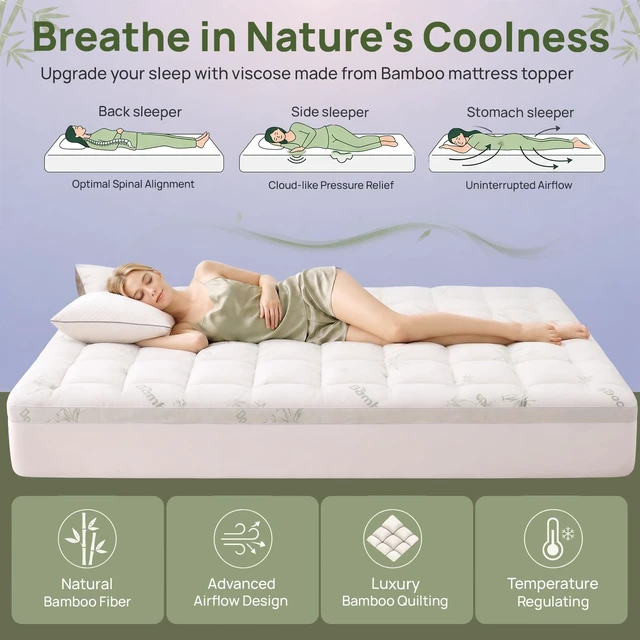 Alt view image 4 of 6 - Queen Mattress Topper, 1200 GSM Viscose Derived from Bamboo Pillow-Top | Extra thick 1200 GSM, cooling bamboo viscose fabric, deep pocket 8-21",soft comfort for hot sleepers ,breathable,back support