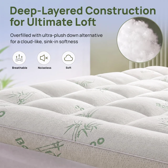Alt view image 6 of 6 - Queen Mattress Topper, 1200 GSM Viscose Derived from Bamboo Pillow-Top | Extra thick 1200 GSM, cooling bamboo viscose fabric, deep pocket 8-21",soft comfort for hot sleepers ,breathable,back support