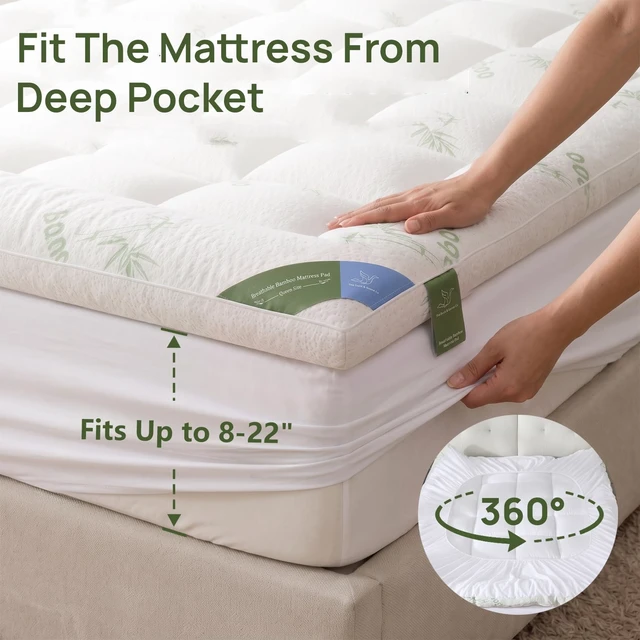 Alt view image 5 of 6 - Queen Mattress Topper, 1200 GSM Viscose Derived from Bamboo Pillow-Top | Extra thick 1200 GSM, cooling bamboo viscose fabric, deep pocket 8-21",soft comfort for hot sleepers ,breathable,back support